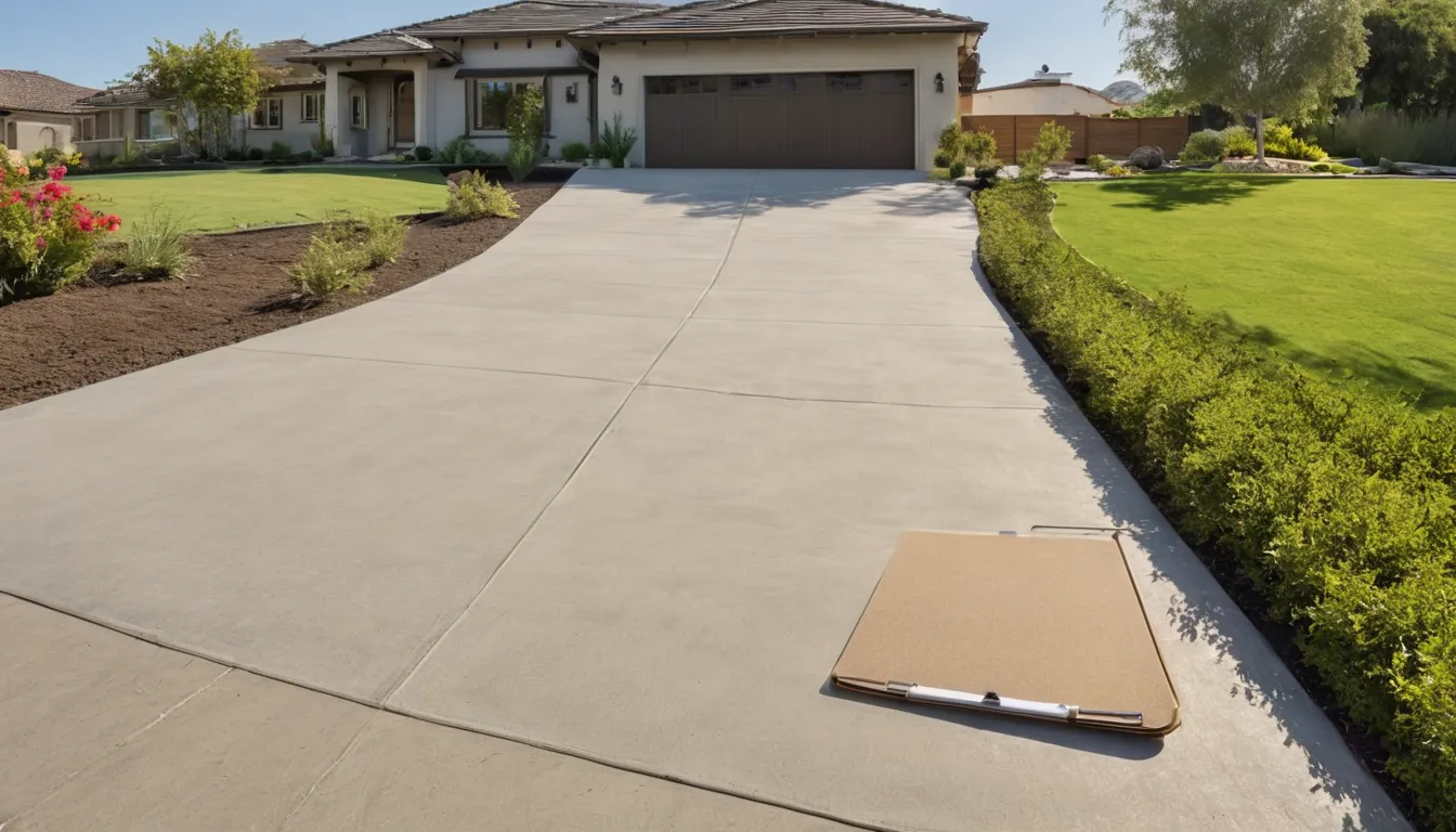 A new concrete driveway in front of a stucco ranch home in American Canyon